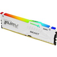 White Kingston FURY Beast DDR5 RAM with RGB lighting, 16GB, 6000MT/s, CL30, sleek design with logo.