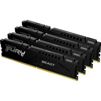 Black Kingston FURY Beast DDR5 RAM kit, 64GB, 5200MT/s, CL40, four DIMMs with sleek heat spreaders and white branding.