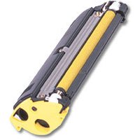 Yellow Konica Minolta toner cartridge with black casing and rounded edges, designed for 1.5K pages at 5% coverage.