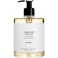 Clear bottle of Laboratorio Olfattivo Agrumeto liquid soap with black pump and white label, 500 ml.
