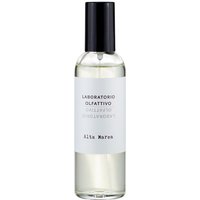 Clear glass bottle with black cap, labeled "Laboratorio Olfattivo Alta Marea Room Spray 100 ml" in minimalist design.
