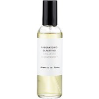 Clear glass bottle with black cap, white label reading "Laboratorio Olfattivo Arancio in Fiore" citrus room spray.