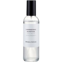 Clear glass bottle with black cap, white label reading "Laboratorio Olfattivo - Biancotalco Room Spray 100 ml."