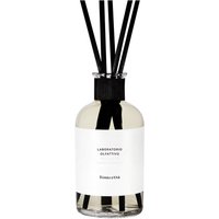 Clear glass diffuser bottle with black reeds, white label, and black cap, labeled "Laboratorio Olfattivo Biancothe."