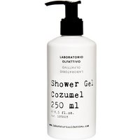 White bottle of Cozumel Shower Gel 250 ml by Laboratorio Olfattivo with black pump and bold black text.
