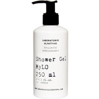 White bottle of Laboratorio Olfattivo MyLo Shower Gel 250 ml with black pump and minimalist text design.