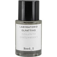 Clear glass bottle of Need_U Eau de Parfum by Laboratorio Olfattivo, white label, black cap, 30 ml size.