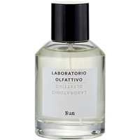 Clear glass bottle with black cap, white label reading "Laboratorio Olfattivo Nun," containing unisex floral perfume.