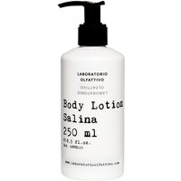 White bottle of Laboratorio Olfattivo Salina Body Lotion 250 ml with black pump dispenser and bold text label.