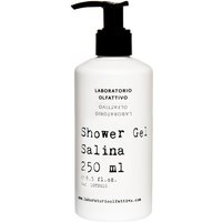 White bottle of Laboratorio Olfattivo Salina Shower Gel 250 ml with black pump dispenser and minimalist text design.