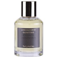 Clear glass bottle with silver cap, gray label, and "Laboratorio Olfattivo Vetyverso" text, 100 ml unisex woody perfume.