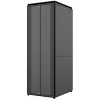 Black Lanview RDL46U81BL freestanding rack cabinet, 46U, sleek design with vertical lines and secure front door.