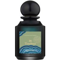 Black bottle of L'Artisan Parfumeur Tenebrae 26 Eau de Parfum, green label with blue pattern, round black cap.