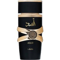Black and gold Lattafa Asad Eau de Parfum bottle, 100 ml, with Arabic script and ornate gold band design.