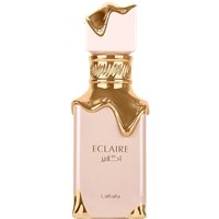 Lattafa Eclaire Eau de Parfum 100 ml bottle, pink with gold accents and an ornate cap design.