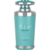 Teal Lattafa Mayar Natural Intense Eau de Parfum bottle with silver accents and Arabic script, 100 ml.