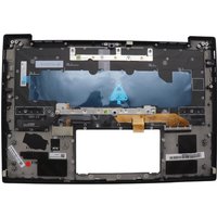 Black Lenovo laptop cover with integrated keyboard, exposed internal components, and ribbon cable connection.