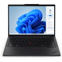 Black Lenovo ThinkPad T14 Gen 5 laptop with Intel Core Ultra 5, 35.6" display, sleek design, and red TrackPoint.