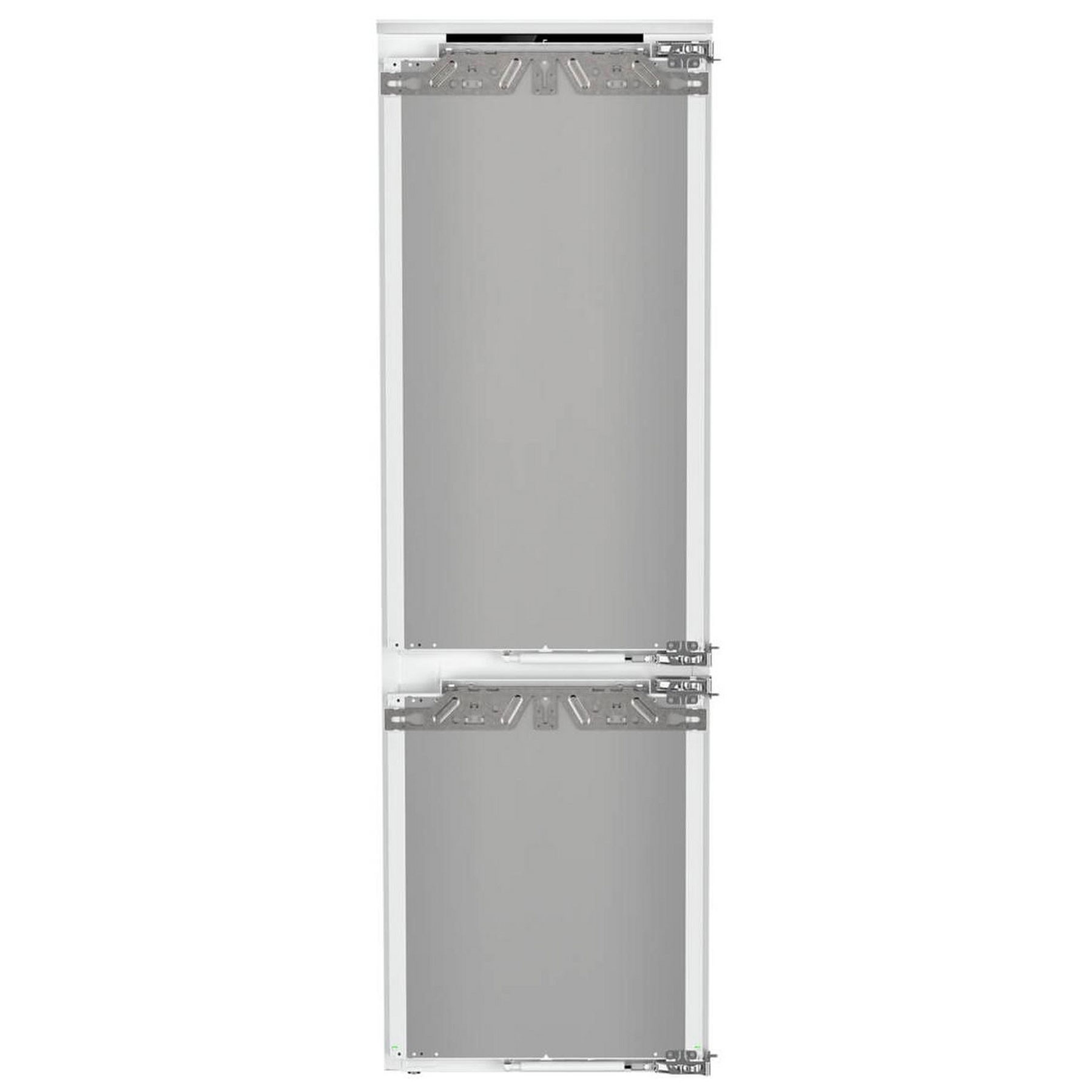 Integrated frost-free fridge freezer with a sleek stainless steel finish, featuring a double-door design and adjustable shelves for optimal storage.