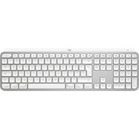 White Logitech Master MX Keys S wireless keyboard with Mac layout and slim design.