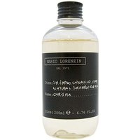 Clear bottle of Lumi CARISMA Natural Shampoo for men, 200 ml, with black label and black cap.
