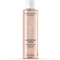 Clear bottle of Madara Comforting Toner, 200 ml, with white cap and minimalist black text on front.