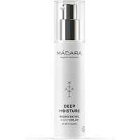 White Madara Deep Moisture Night Cream bottle with silver pump and green logo, 50 ml size for all skin types.
