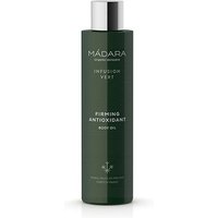 Dark green cylindrical bottle of Madara Infusion Vert Nourishing Body Oil, silver cap, white text.