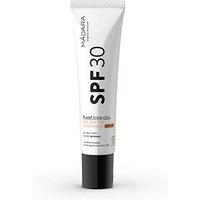 White tube of Madara SPF 30 sunscreen with black cap, featuring bold black text and orange accents.