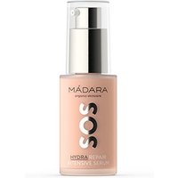 Madara SOS Hydra Repair Serum, 30 ml, in a clear bottle with pump, pink liquid, silver and white labeling.