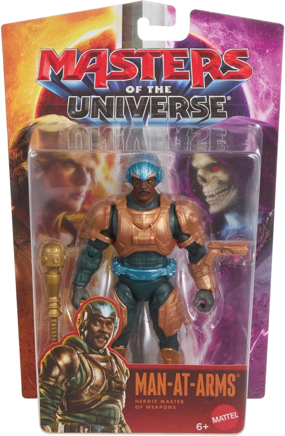 MOTU MAN-at-ARMS action figure in packaging, featuring a muscular figure with blue and brown armor, holding a golden weapon, set against a colorful cosmic background.