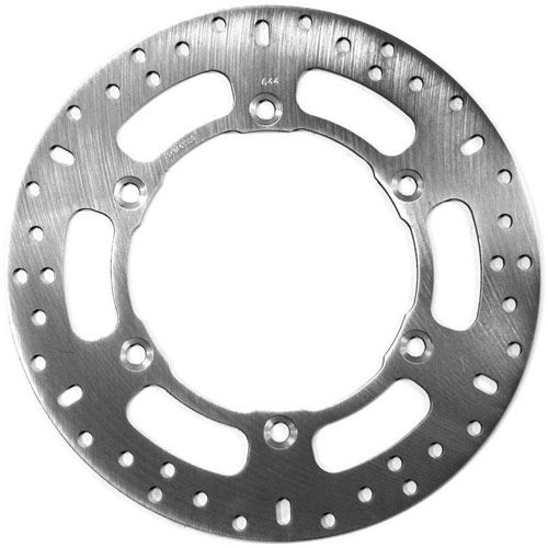 Stainless steel motorcycle brake disc featuring a circular design with multiple holes and cutouts for enhanced performance and heat dissipation.