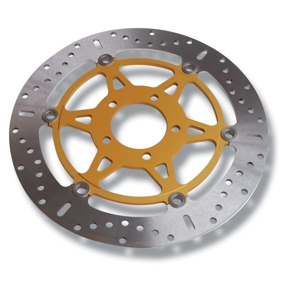 Silver motorcycle brake disc with a distinctive yellow center, featuring a star-shaped design and multiple drilled holes for improved performance.