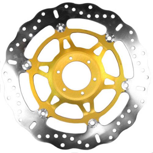 EBC Brakes XC motorcycle brake disc features a silver stainless steel construction with a gold anodized aluminum center and a unique contour design for enhanced performance.