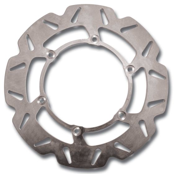 Silver stainless steel brake disc with a circular design, featuring multiple cutouts and holes for lightweight performance, ideal for motocross applications.