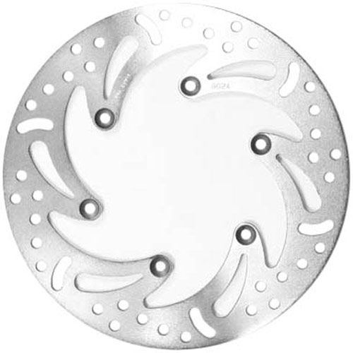 Silver EBC Brakes D-Series premium motorcycle brake disc featuring a unique swirl design, multiple drilled holes for cooling, and a smooth surface for optimal braking performance.