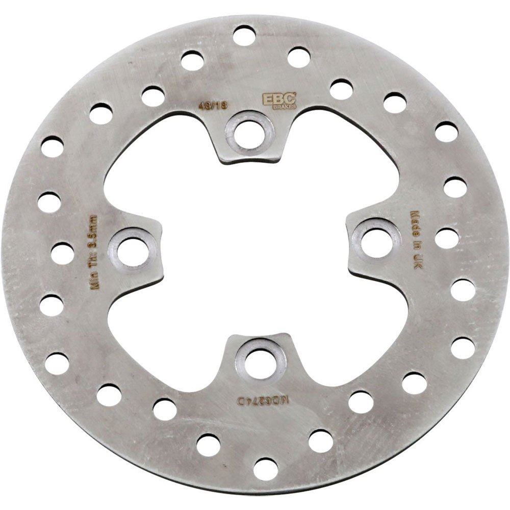 Silver EBC D-series offroad solid round MD6274D front brake disc with a circular design, multiple holes for ventilation, and three mounting holes for installation.