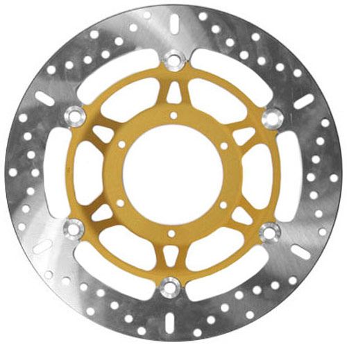 EBC Brakes X Series front brake disc featuring a silver stainless steel surface with a yellow aluminum center and multiple drilled holes for enhanced performance.