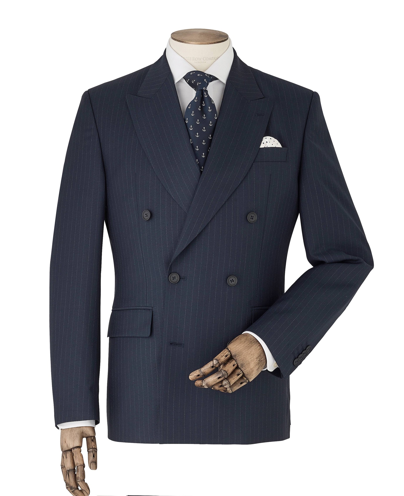 Men's navy stripe double-breasted suit jacket in size 46 X Long, featuring a classic design with peaked lapels, two front pockets, and a white pocket square.