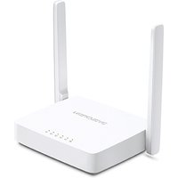 White Mercusys 300Mbps wireless N router with two vertical antennas and LED indicator lights on the front.