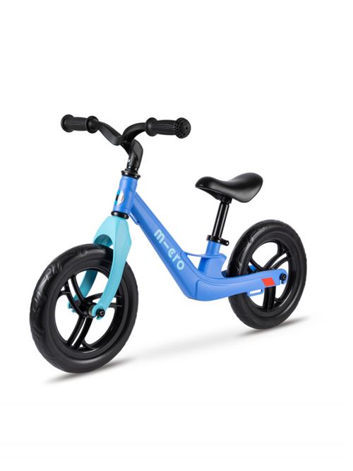 Ultra-lightweight blue balance bike with a sleek design, featuring a black seat, rubber tires, and ergonomic handlebars for easy maneuverability.