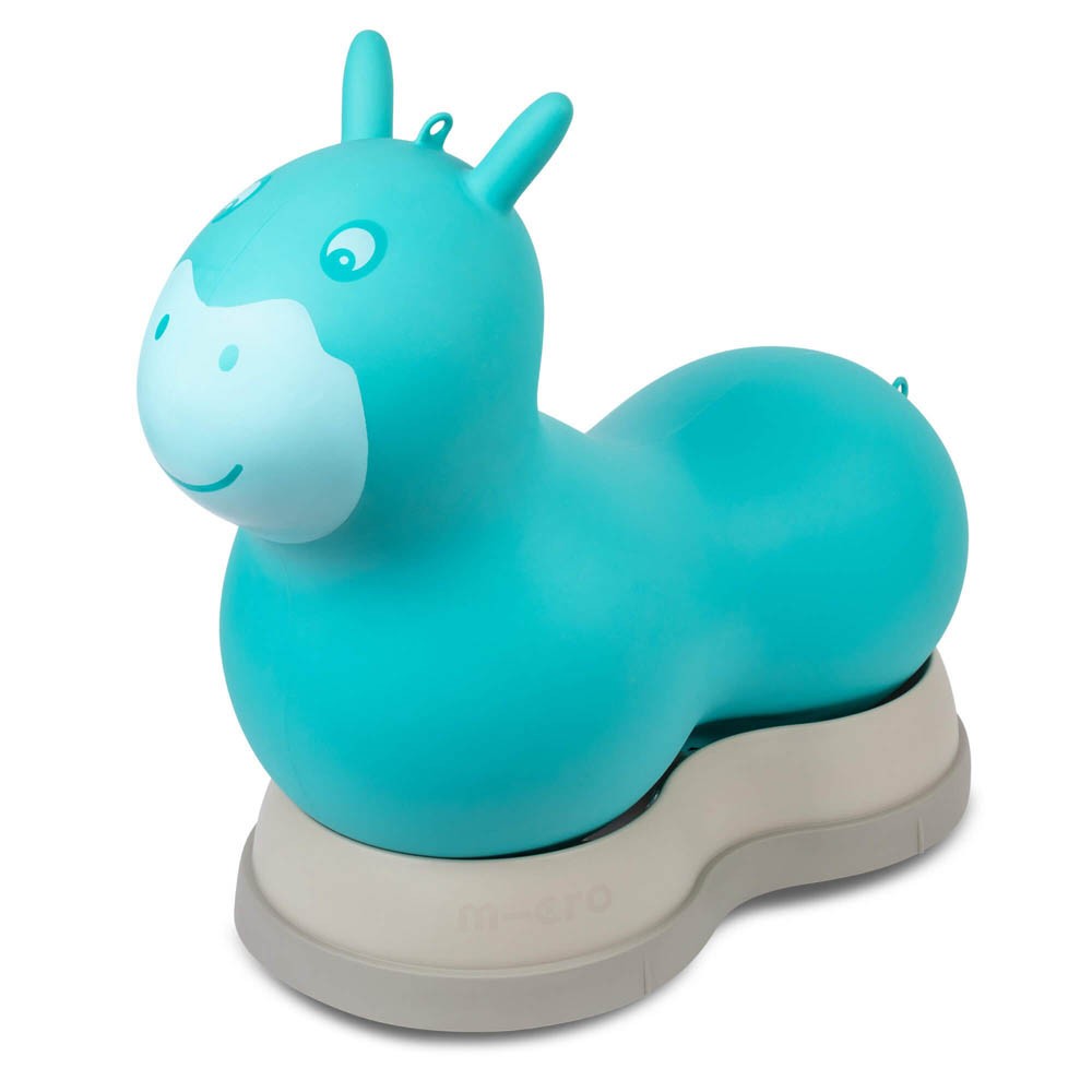 Aqua-colored Micro Air Hopper shaped like a cheerful horse, made of durable plastic with a soft, rounded body and a sturdy base for stability.