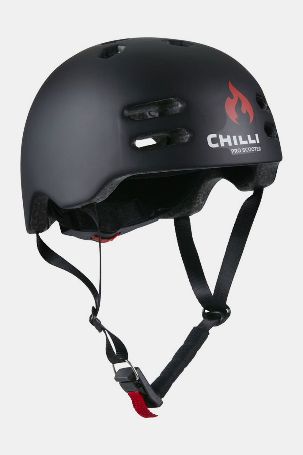 Matte black Chilli Inmold helmet with adjustable straps, ventilation holes, and a red flame logo, designed for safety in scootering.