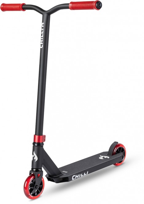 Red and black Chilli Pro Scooter with a sleek aluminum deck, red wheels, and a minimalist design, featuring a flame logo and comfortable grips.