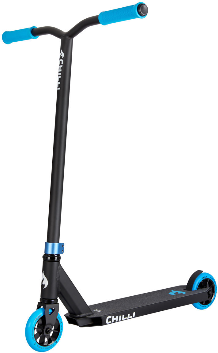 Black scooter with blue accents, featuring a sturdy deck, T-bar handle, and blue rubber grips, designed for tricks and stunts.