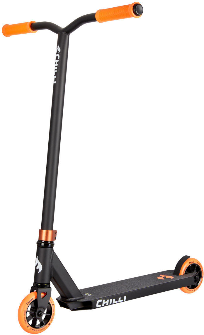 Black scooter with orange accents, featuring a sturdy frame, textured black deck, and bright orange wheels and grips, designed for tricks and stunts.