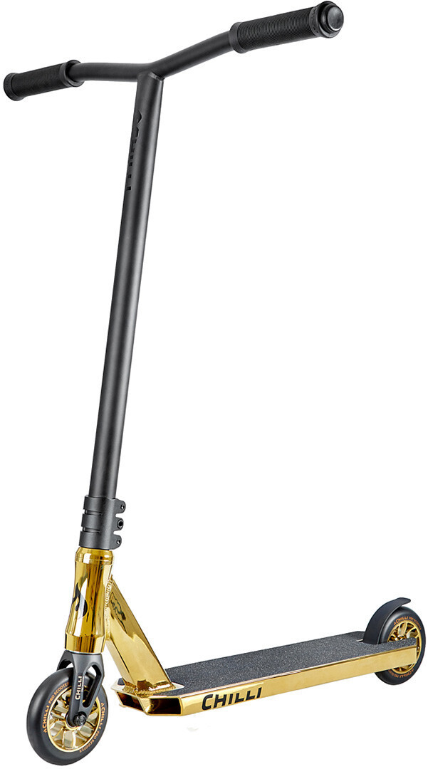 Sleek black and gold stunt scooter with a gold deck, black grips, and two black wheels, featuring a minimalist design and sturdy construction for tricks and performance.
