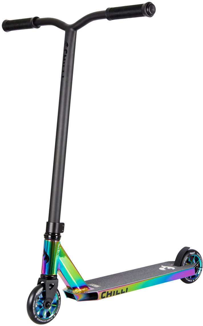 Micro Kickboard Chilli Scooter in Rocky Neochrome features a sleek black frame, vibrant rainbow-colored deck, and smooth wheels, designed for ages 6 to teen.