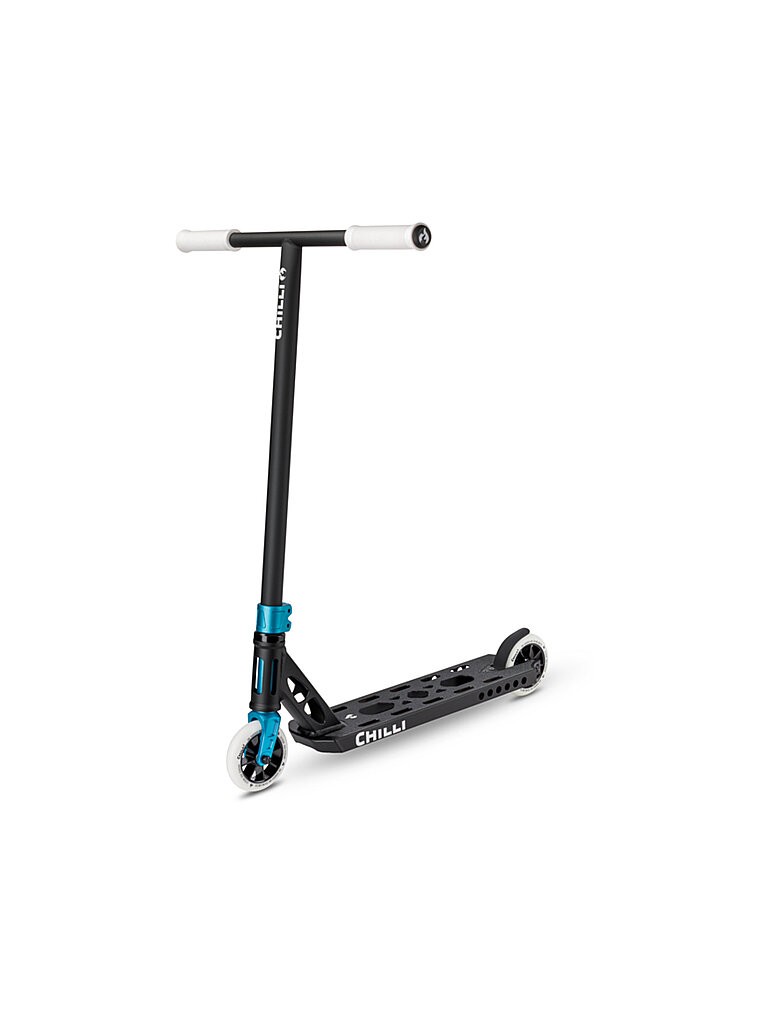 Black stunt scooter with a sleek design, featuring a blue clamp, white grips, and durable wheels, ideal for tricks and stunts.