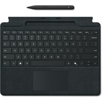 Black Microsoft Surface Pro Keyboard with touchpad and Slim Pen, QWERTY layout, sleek and compact design.